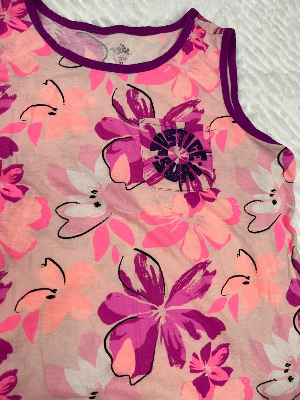 Justice Girls' Floral Tie-Hem Tank Top Pink Purple Sequin t shirt size xl